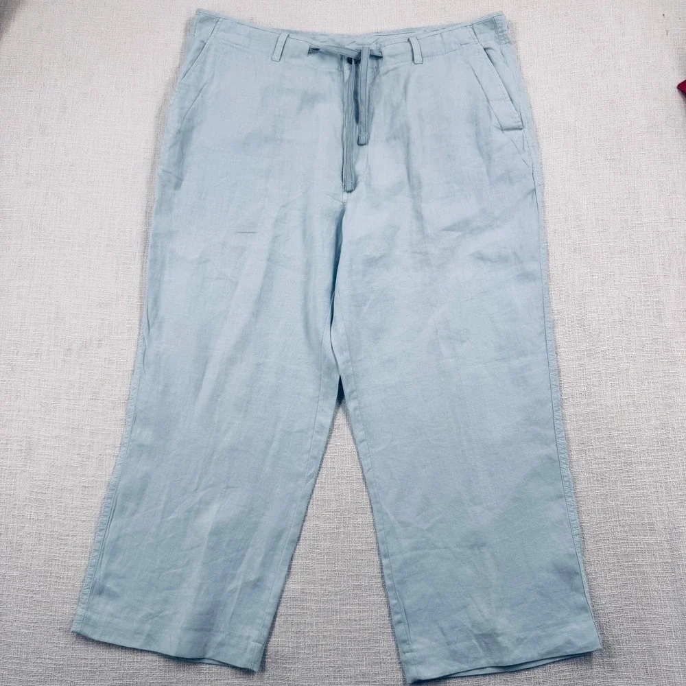 Caribbean Mens Light Blue 100% Linen Drawstring Straight Leg Pants 40x32